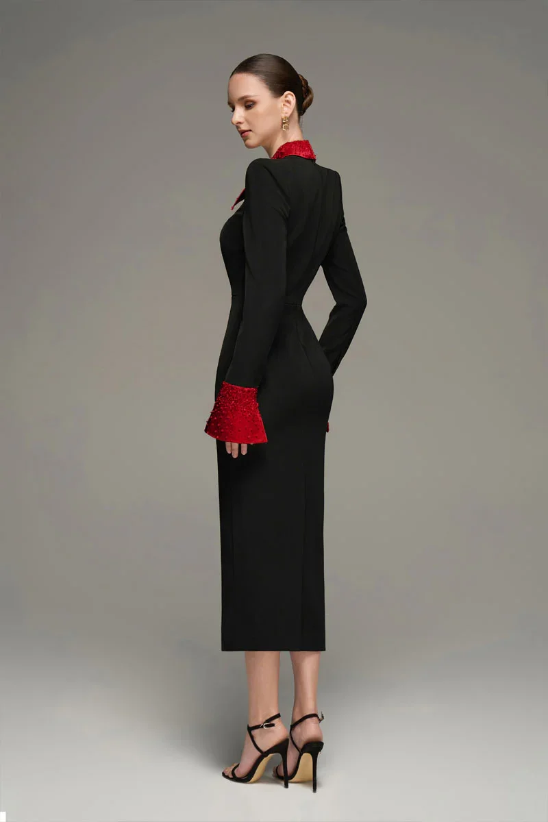 V-NECK FLARED CUFF KNEE LENGTH DRESS IN BLACK AND RED - 5