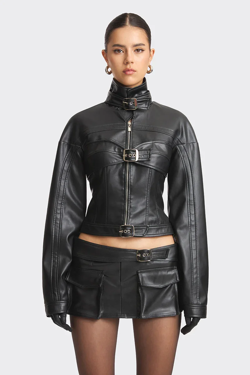FAUX LEATHER BLACK RACING BELT JACKET - 4