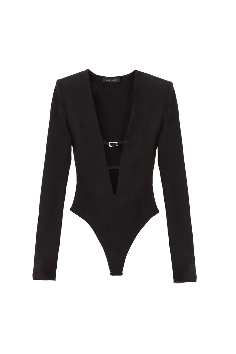 BUCKLE BODYSUIT WITH CUTOUTS IN BLACK