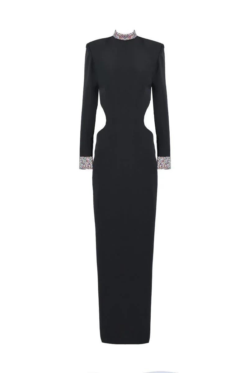 BLACK OPEN-BACK DRESS WITH EMBROIDERED