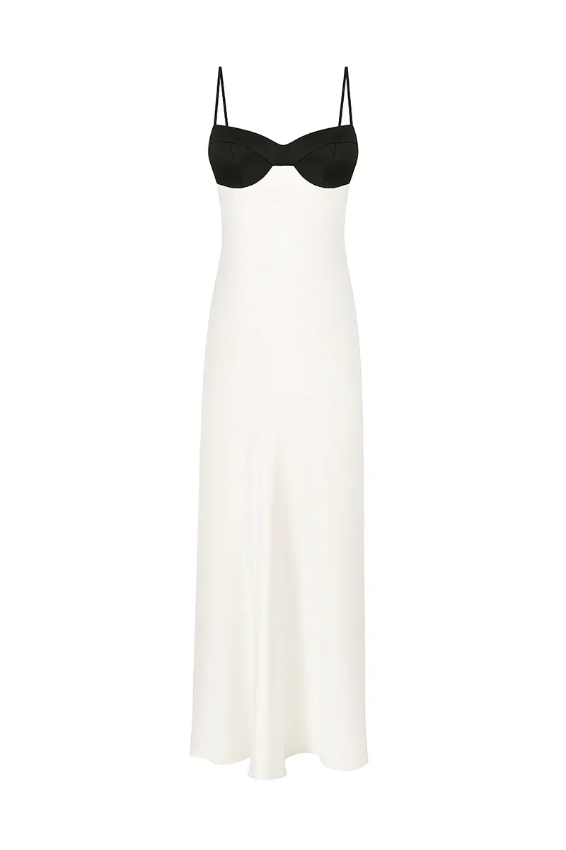 CREAM SILK MIDI DRESS WITH BLACK DETAIL