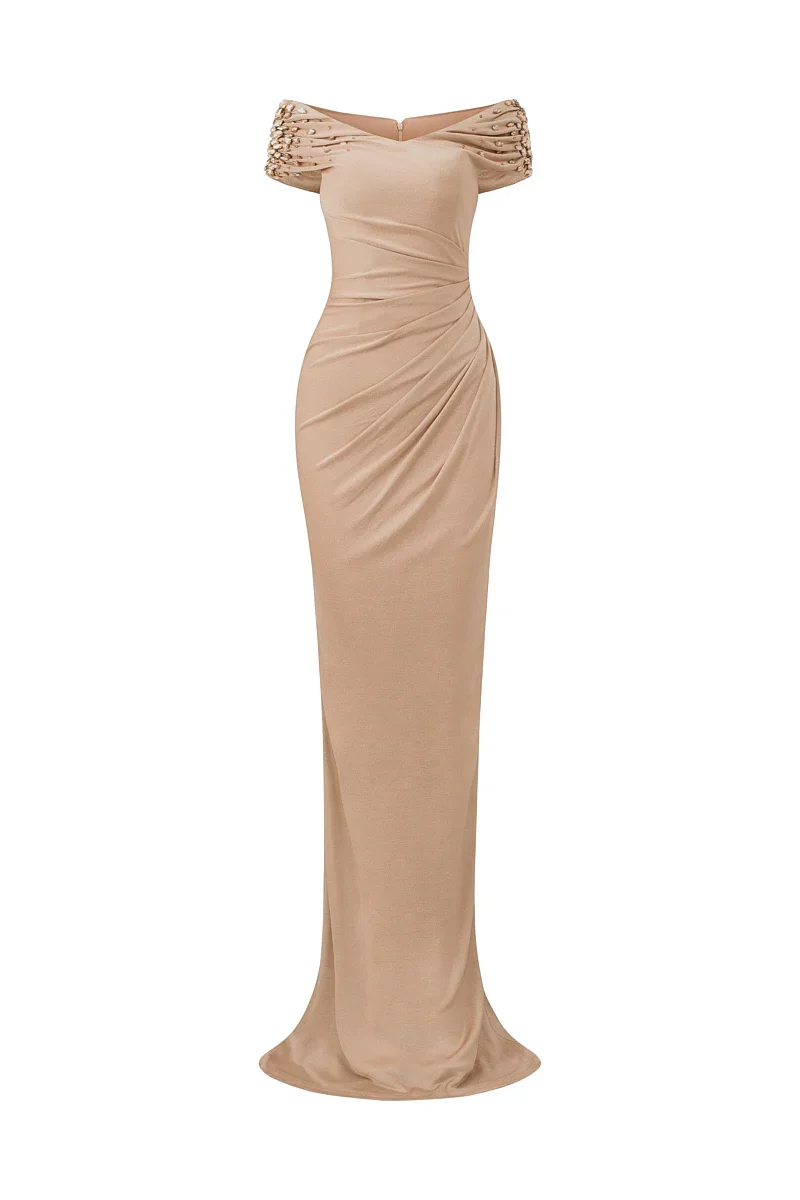 CHAMPAGNE COLUMN EVENING GOWN WITH DRAPED DETAILS