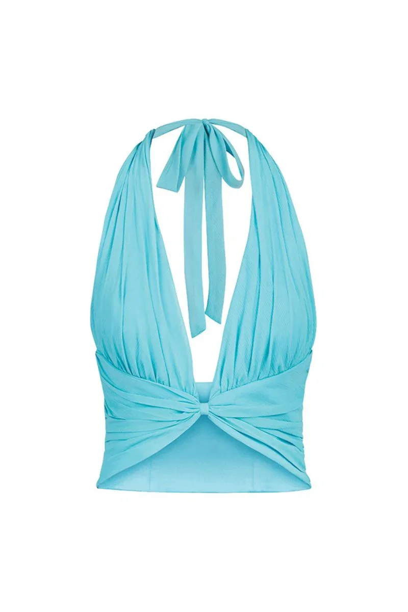BETTA DRAPED HALTER MINI TOP IN FULLMOON BLUE