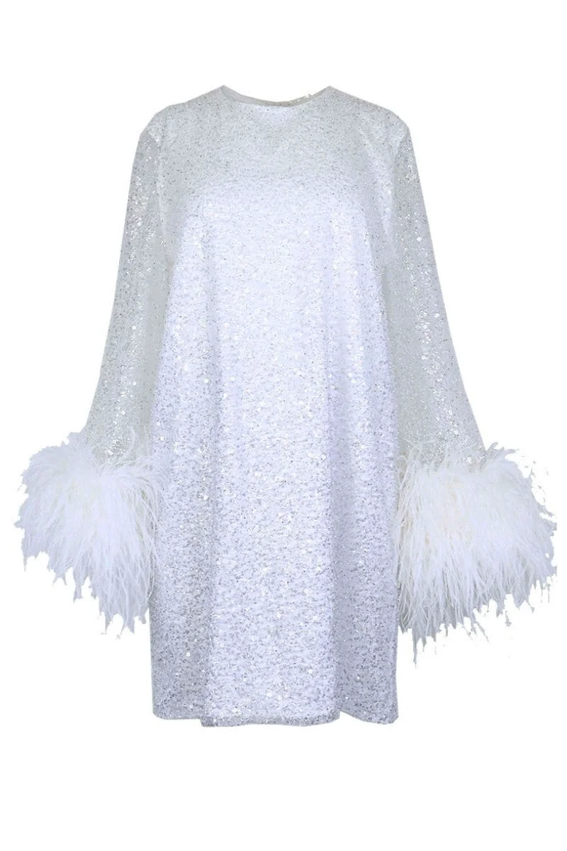 ENCHANTED OMBRE SILVER TO WHITE DRESS WITH FEATHER SLEEVES