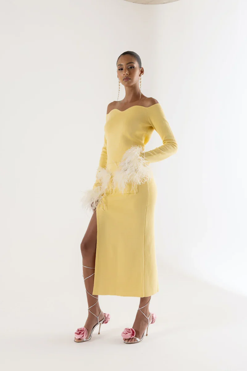 YELLOW VANILLA KNIT TOP WITH DETACHABLE FEATHER CUFFS - 4