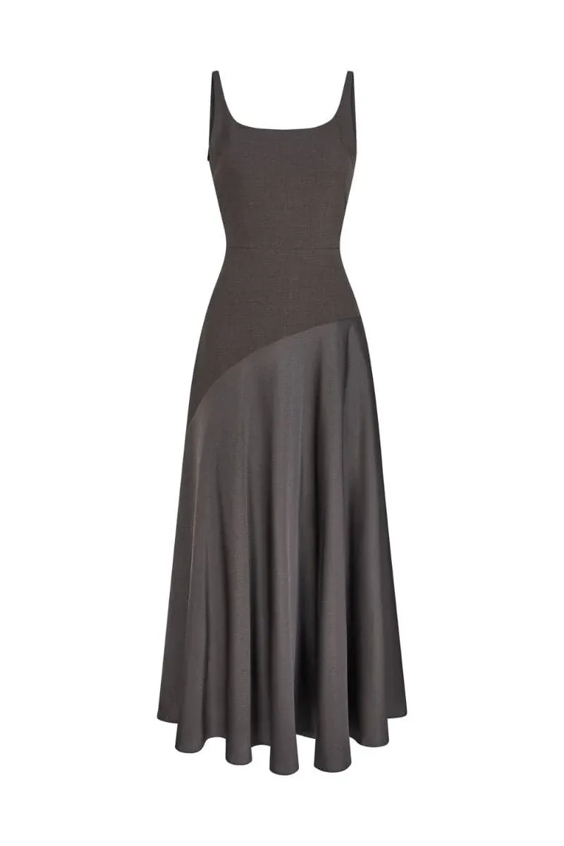 BROWN SLIT CURVE MIDI DRESS