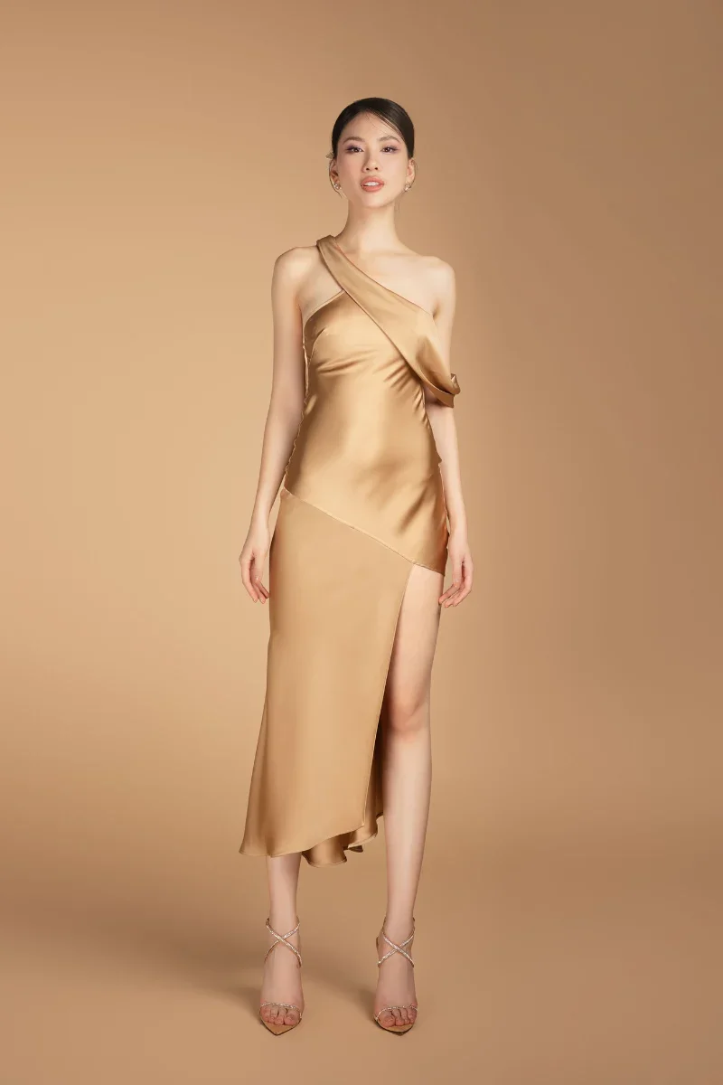 HURLEY ASYMMETRIC DIAGONAL NECK SILK BLEND MIDI DRESS - 2