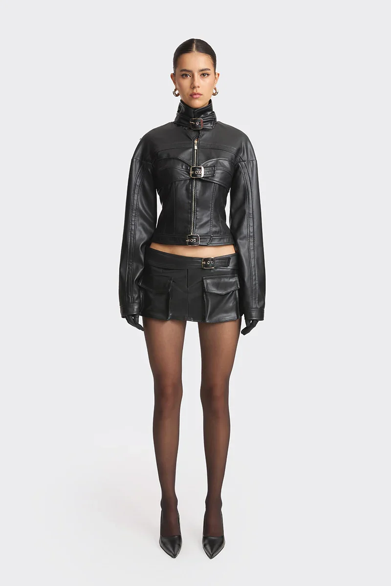 FAUX LEATHER BLACK RACING BELT JACKET - 3