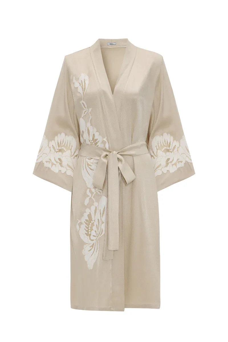 MISS DALIA SHORT RAYON ROBE WITH BEIGE LACE