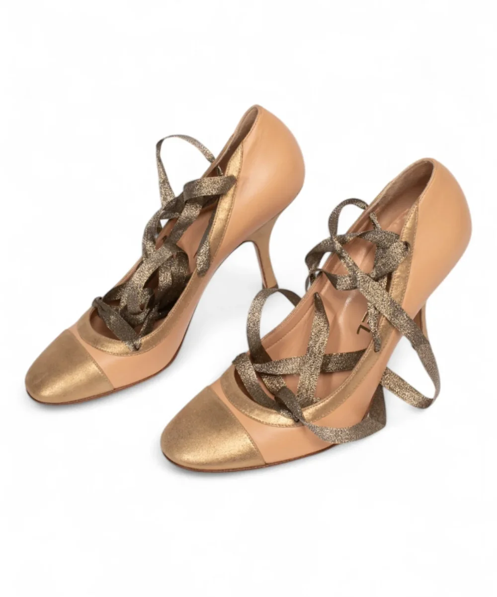 2004 PINK & GOLD TOE LACE UP HEELS BOX @JANAG