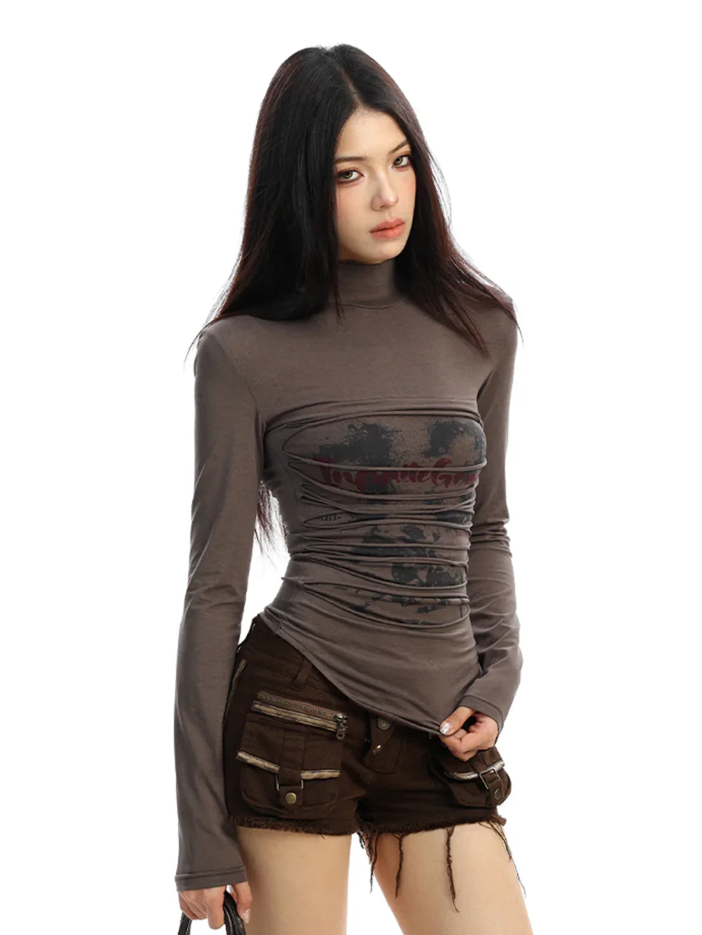 BIGGOLD | Ruched Mock Neck Long Sleeve Top - 3