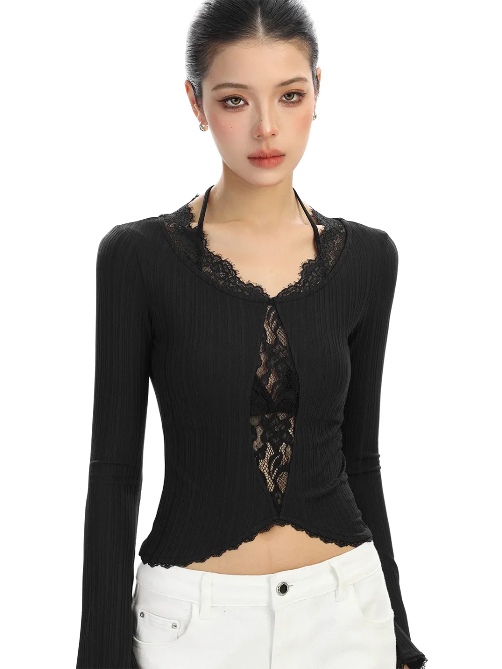 BIGGOLD | Lace-Trimmed Irregular Long-Sleeved T-Shirt - 3