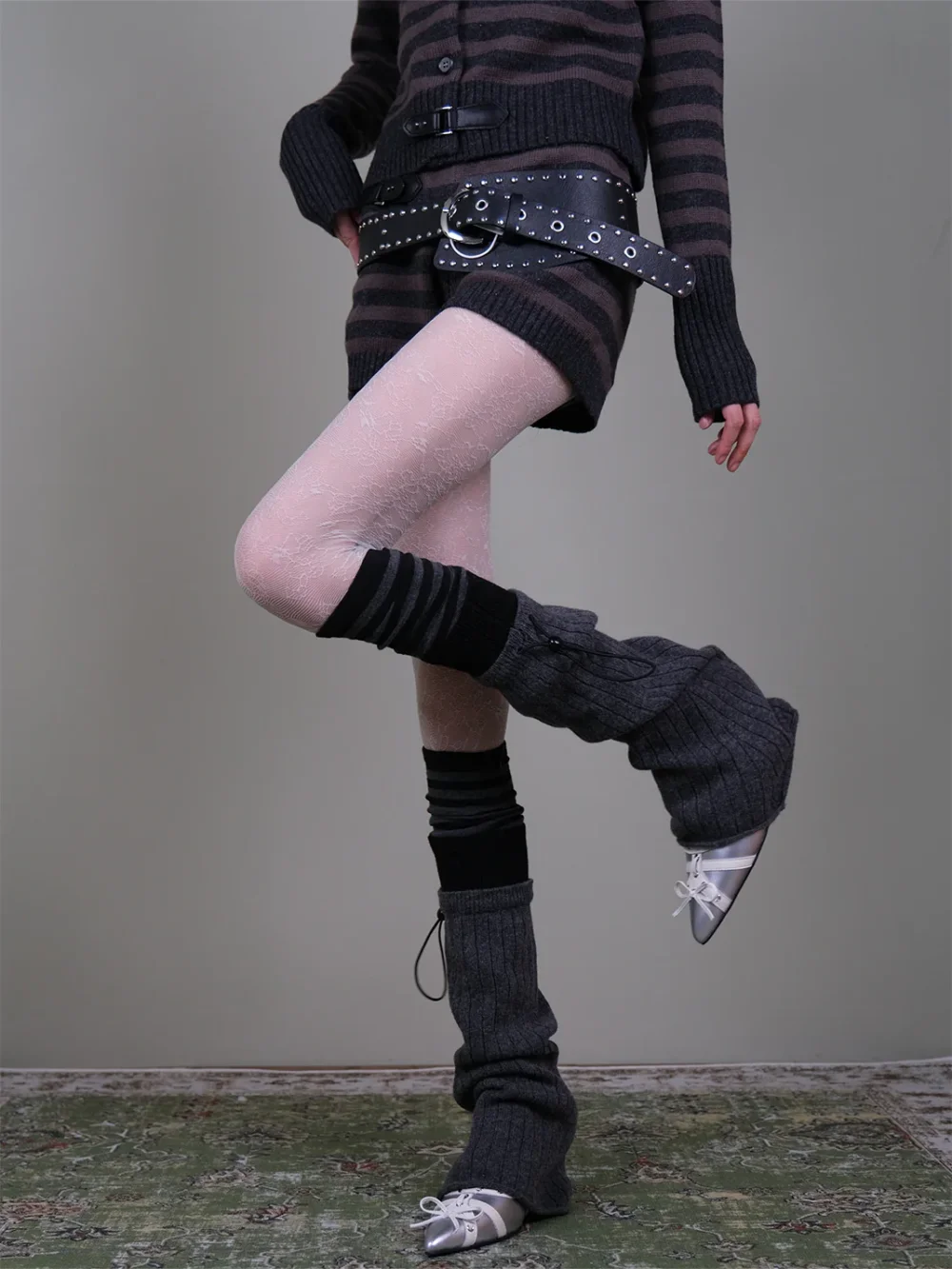 XILING | White Pantyhose + Drawstring Leg Warmers + Striped Stockings Set