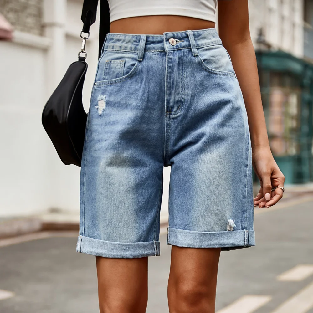 Distressed Buttoned Denim Shorts with Pockets - 5
