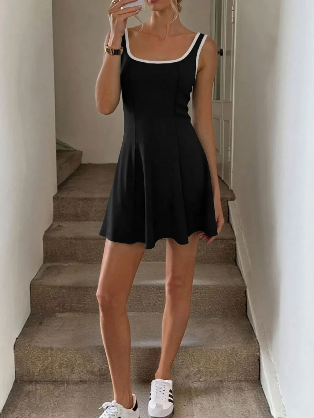 Contrast Trim Wide Strap Dress - 3