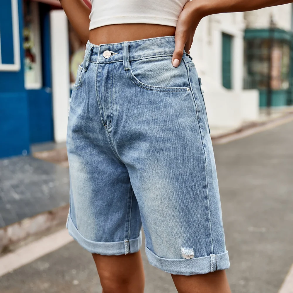 Distressed Buttoned Denim Shorts with Pockets - 3