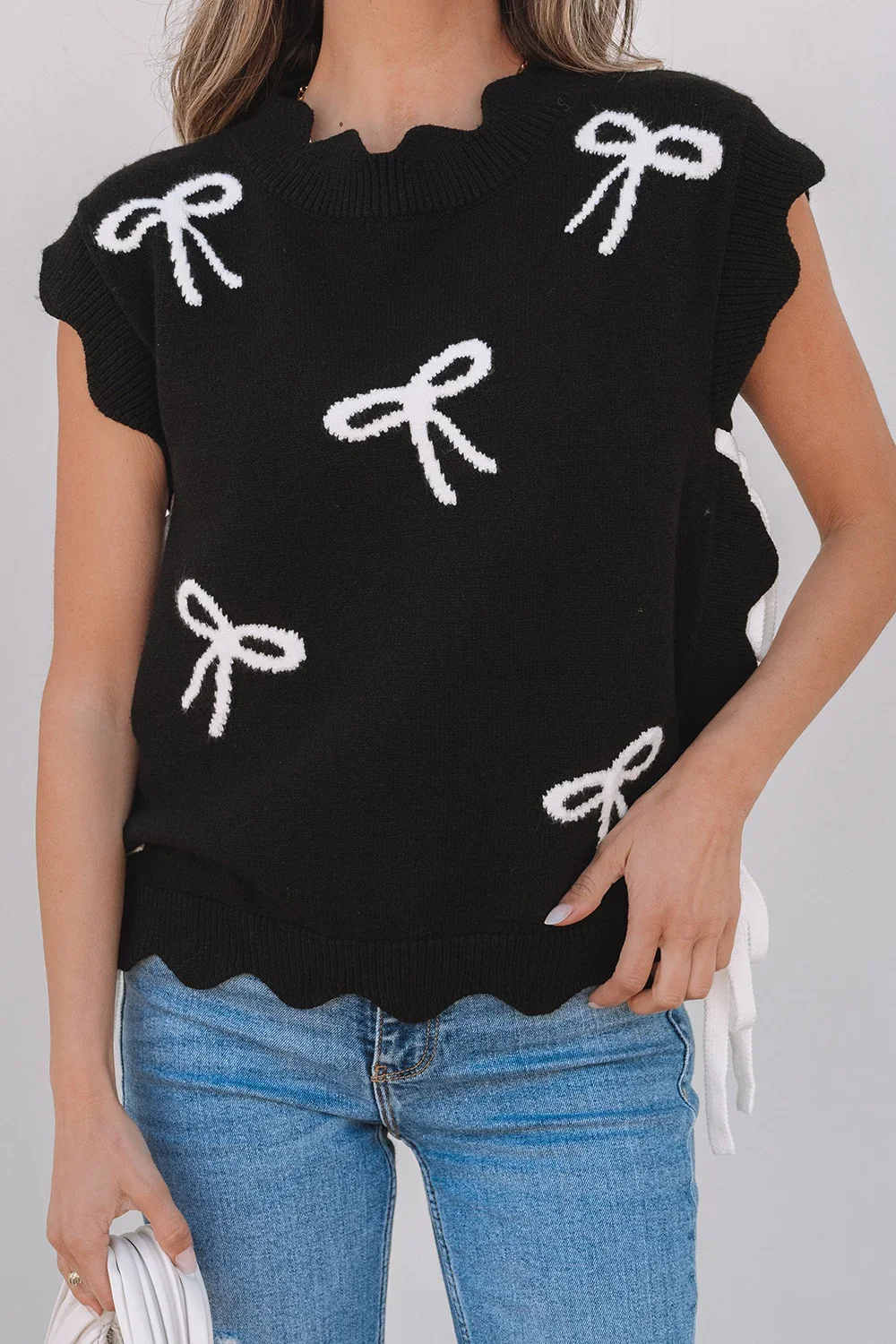 Bow Side Ties Scalloped Hem Cap Sleeve Sweater - 4
