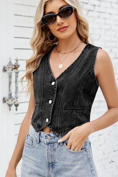 Button Down V-Neck Denim Vest