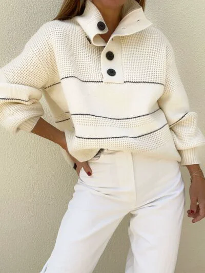 Waffle-Knit Half Button Long Sleeve Sweater - 4