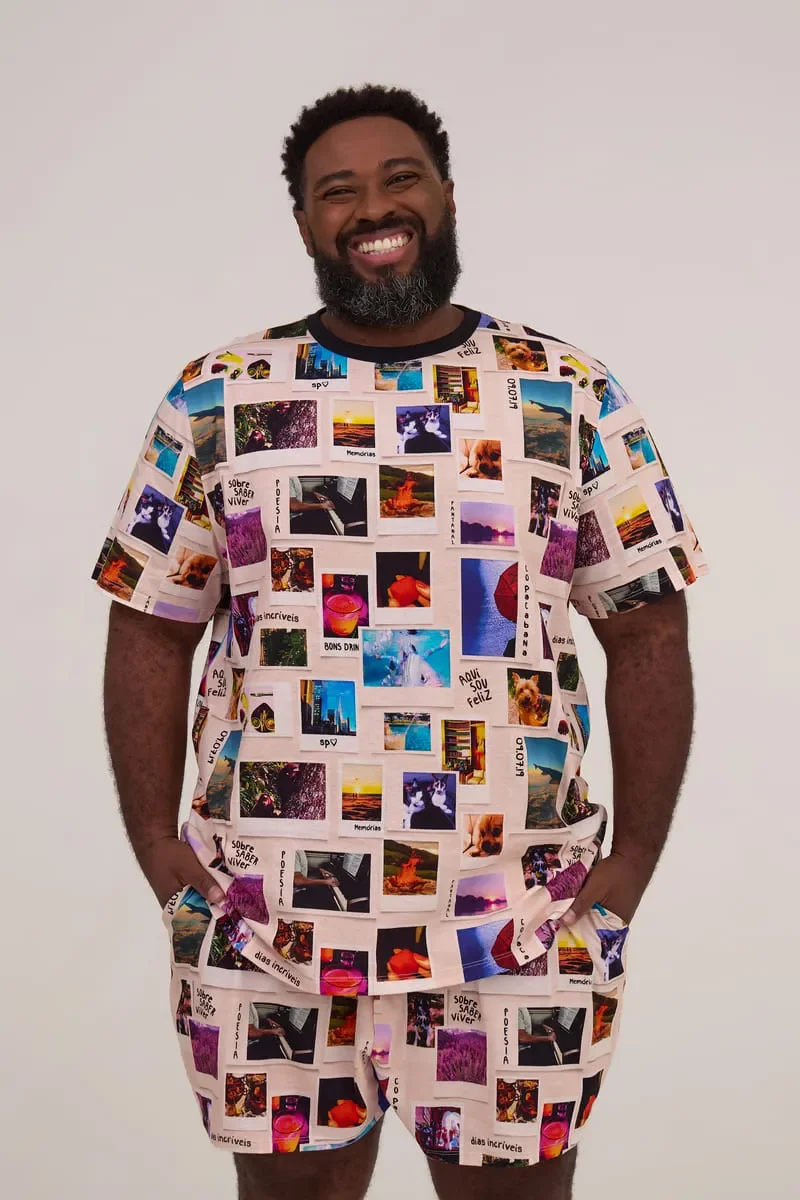 Camiseta Gola Careca Pijama Estampa Mem�rias