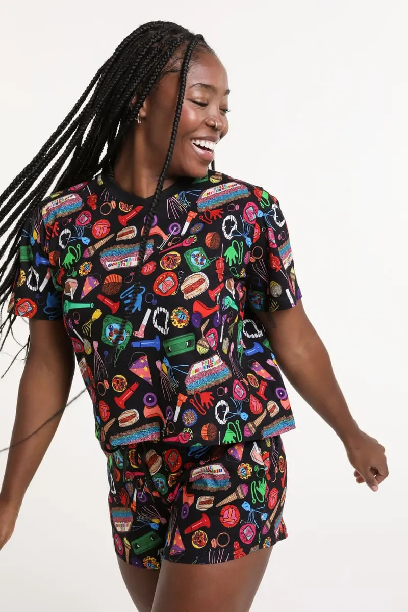 Camiseta Pijama Cropped Feminino Estampa Festa 90