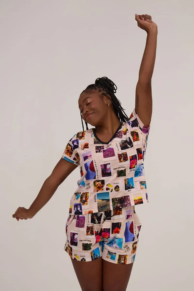 Camiseta Pijama Decote V Estampa Mem�rias