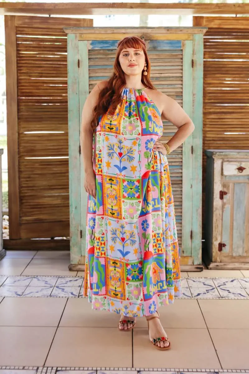 Vestido Longo Alça Fina Estampa Zazulejo