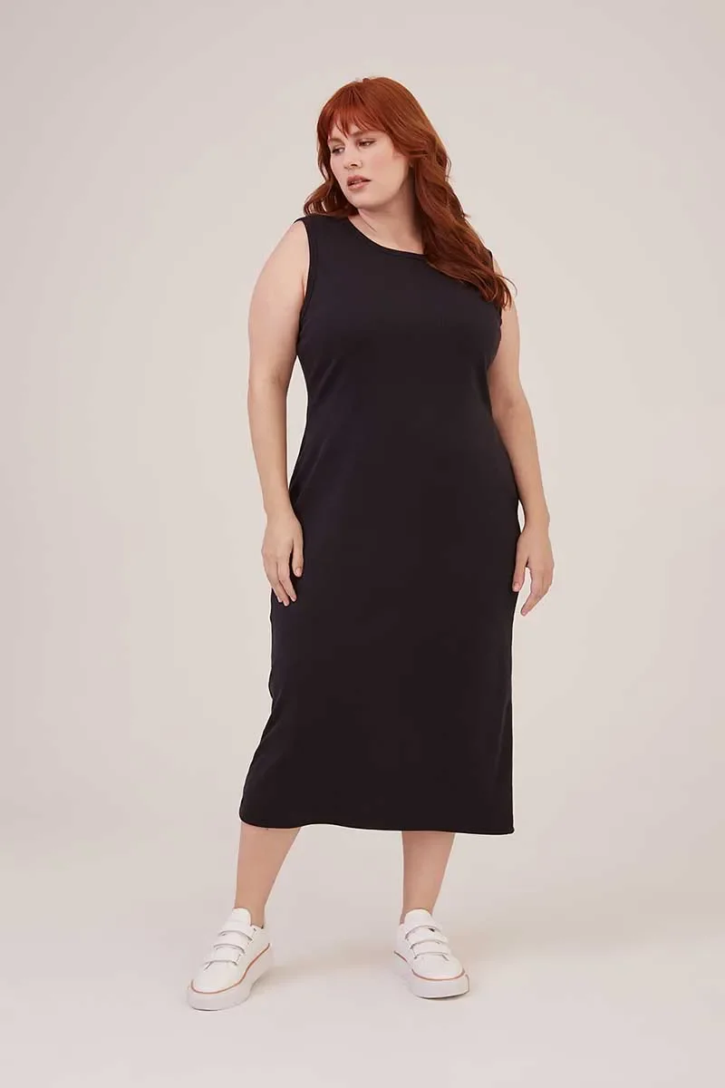 Vestido Regata Básico Canelado Preto Grafite
