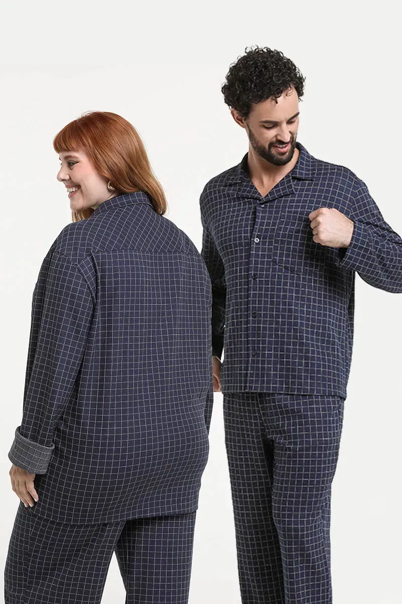 Camisa Pijama Americano Unissex Manga Longa Xadrez Paris Marinho