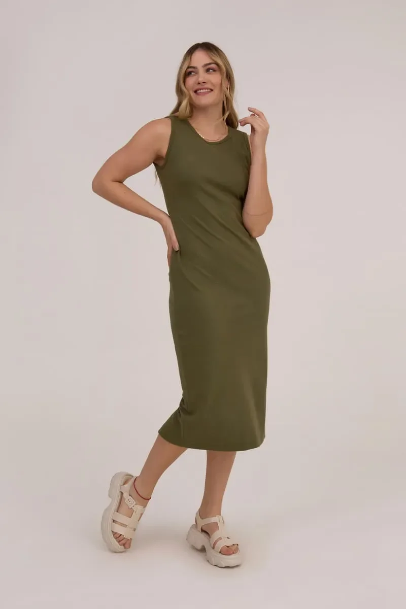 Vestido Regata B�sico Canelado Verde Militar