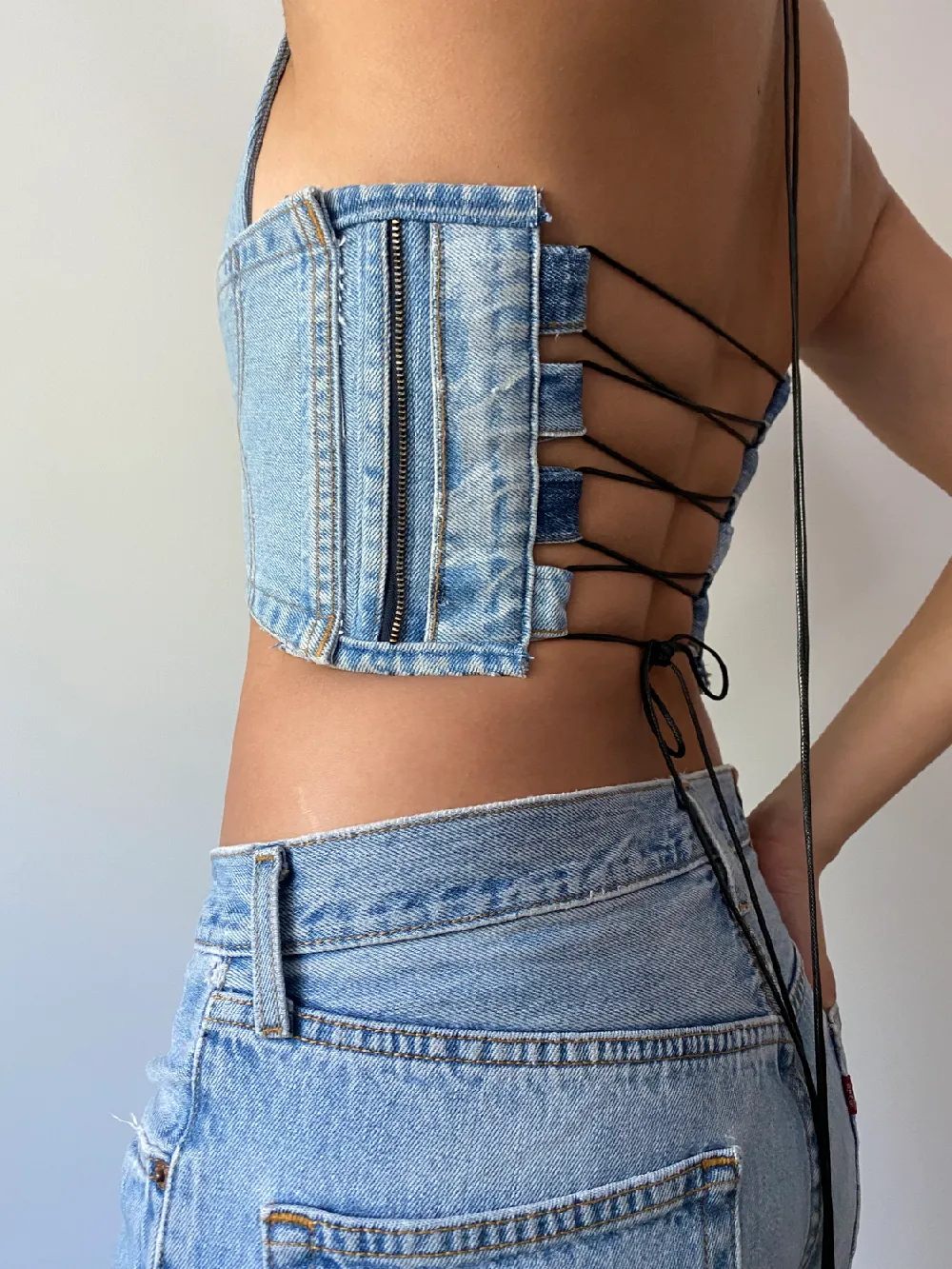 1/1 Upcycled Light Wash Levi's Denim Halter Corset - 3