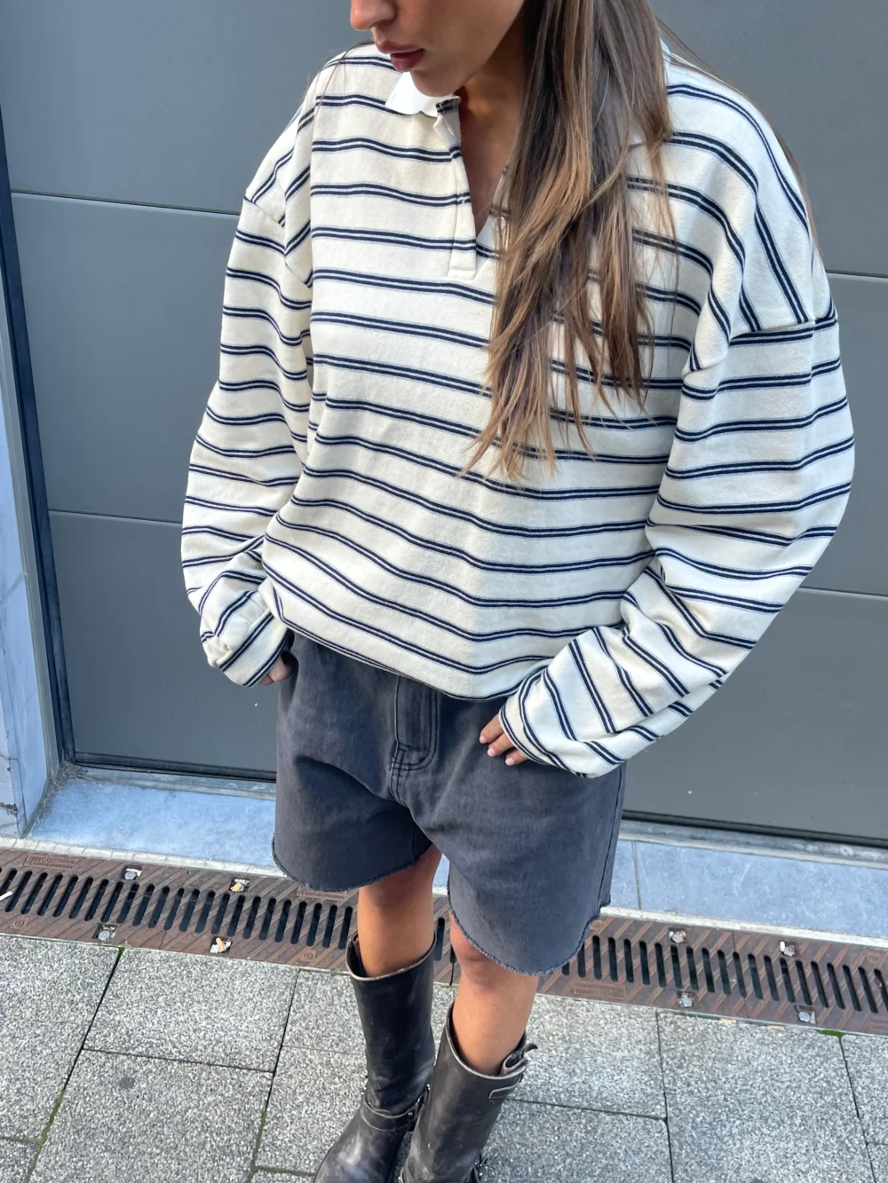 Striped Contrast Collar Polo Sweater Ivory
