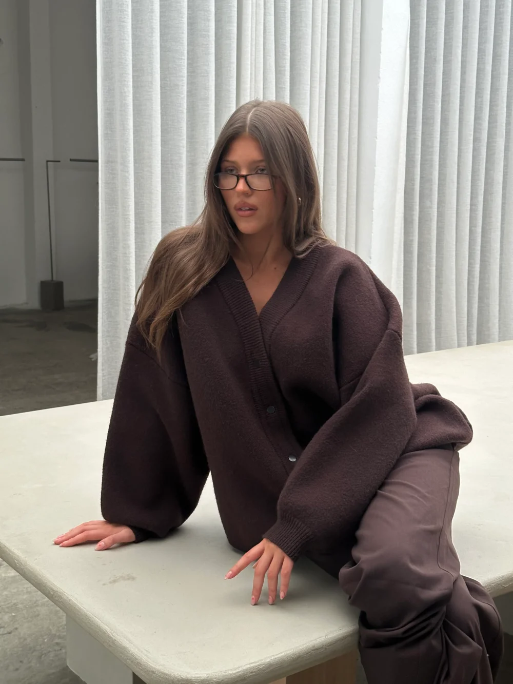 Oversized Press Button Cardigan Brown