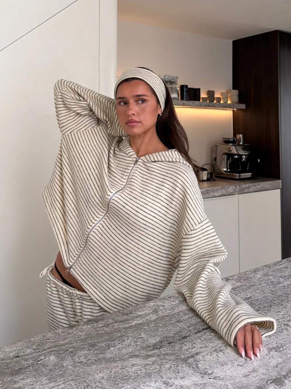 Soft Striped Zipped Lounge Vest Ivory