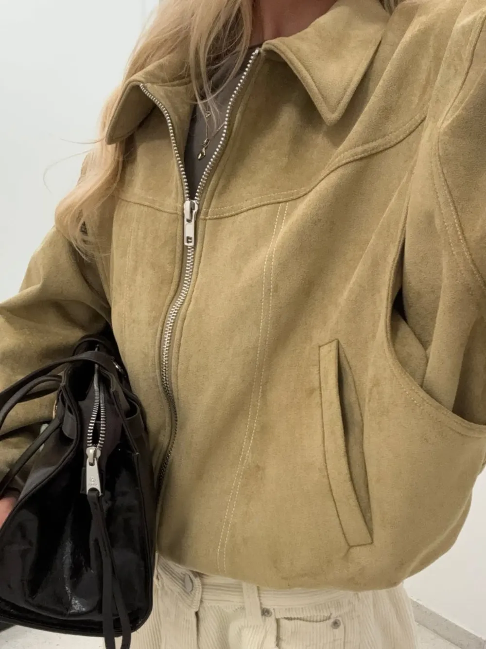 Oversized Contrast Stitch Jacket Suede Camel - 4