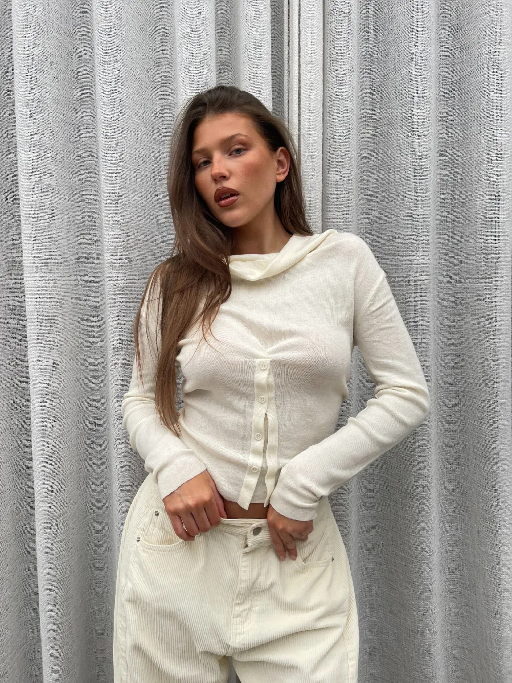 Front Draped Buttoned Top Cream - 4