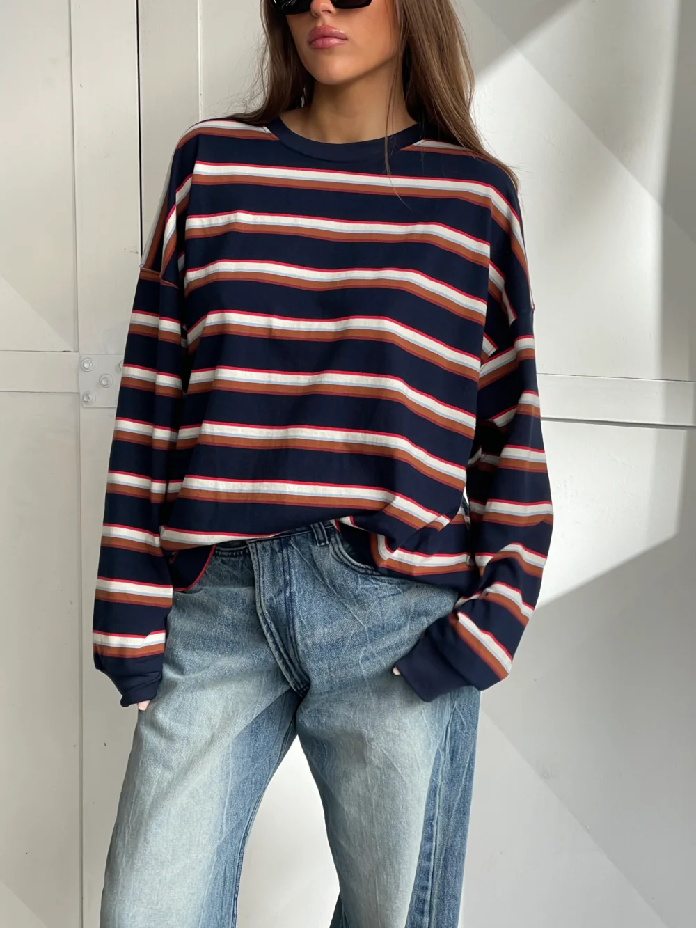 Oversized Striped Longsleeve Tee Navy