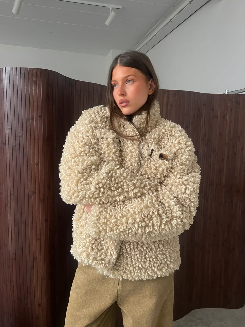 Zipped Loose Fit Curly Sheep Jacket Beige - 5