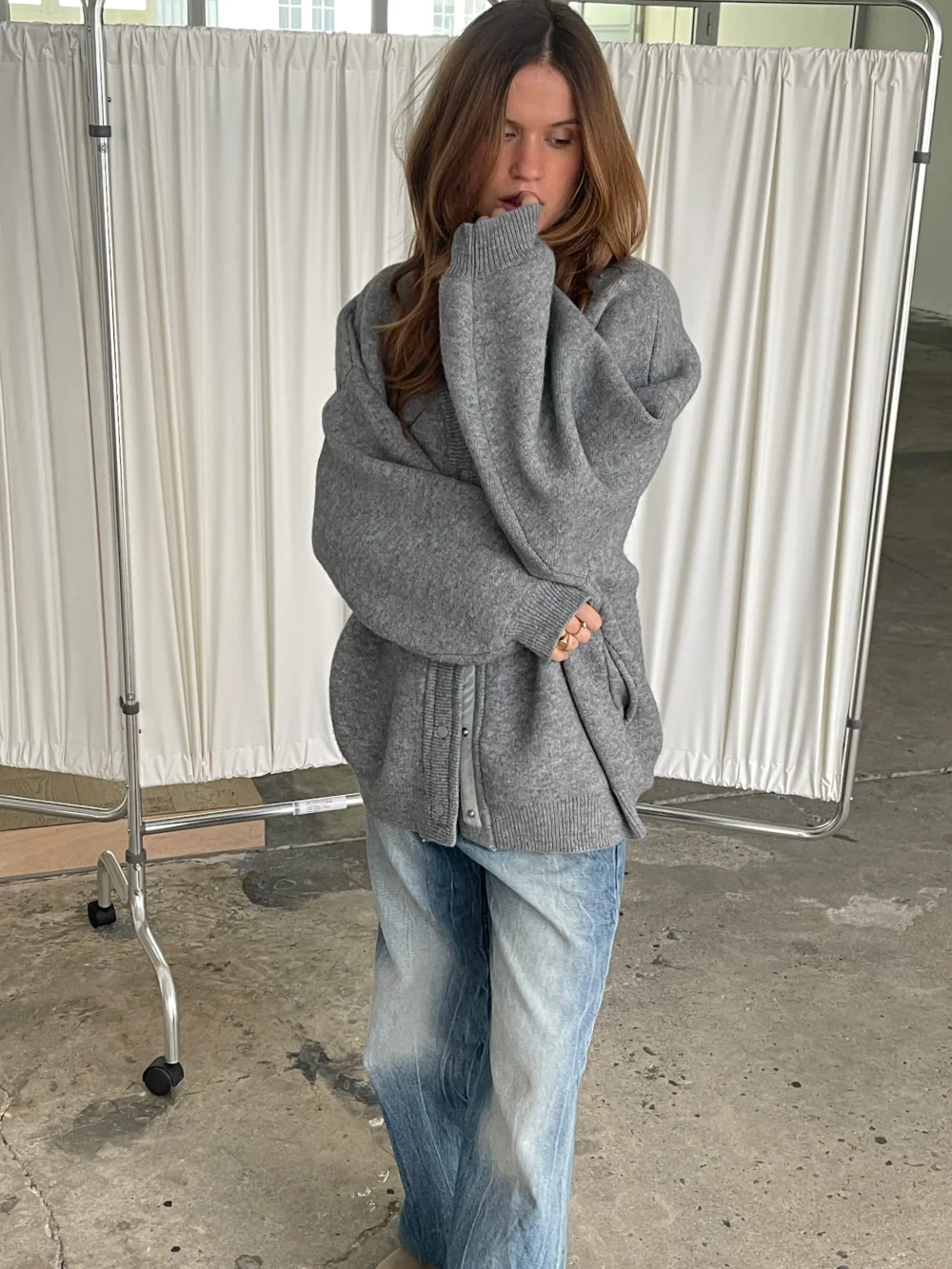 Oversized Press Button Cardigan Dark Grey - 5