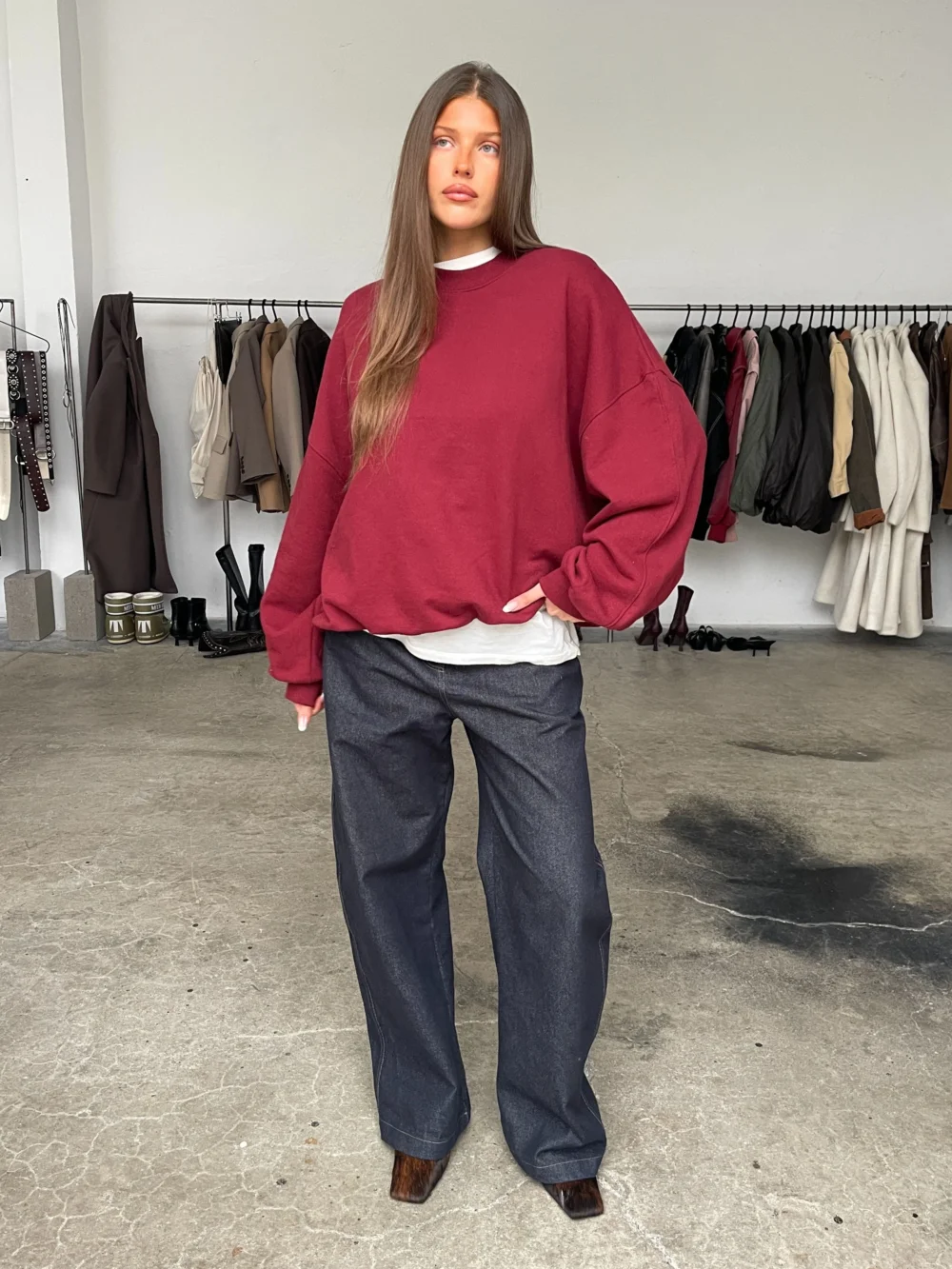Basic Round Collar Oversized Sweater Burgundy - 4