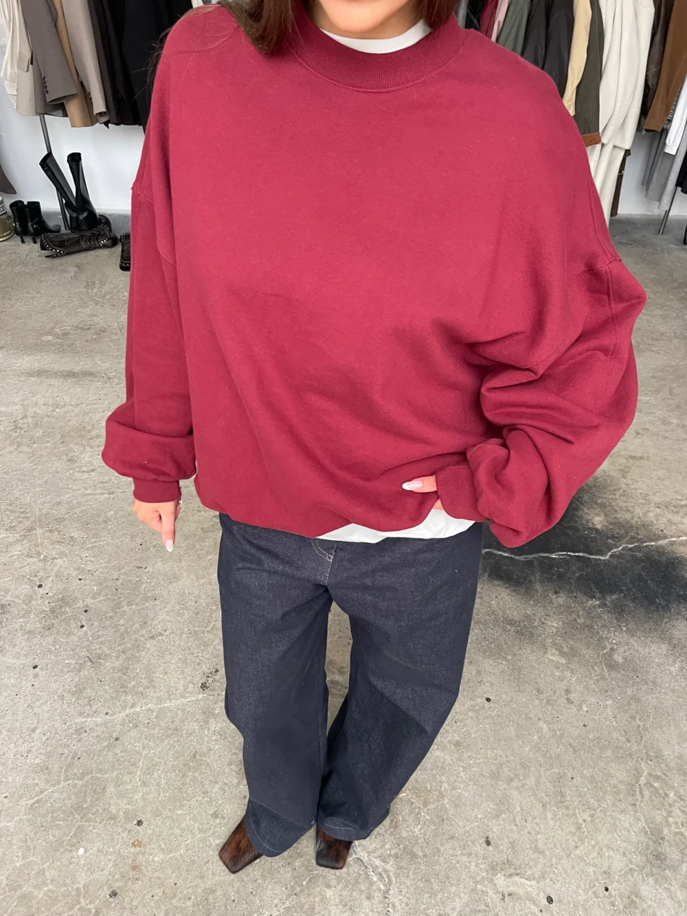 Basic Round Collar Oversized Sweater Burgundy - 5