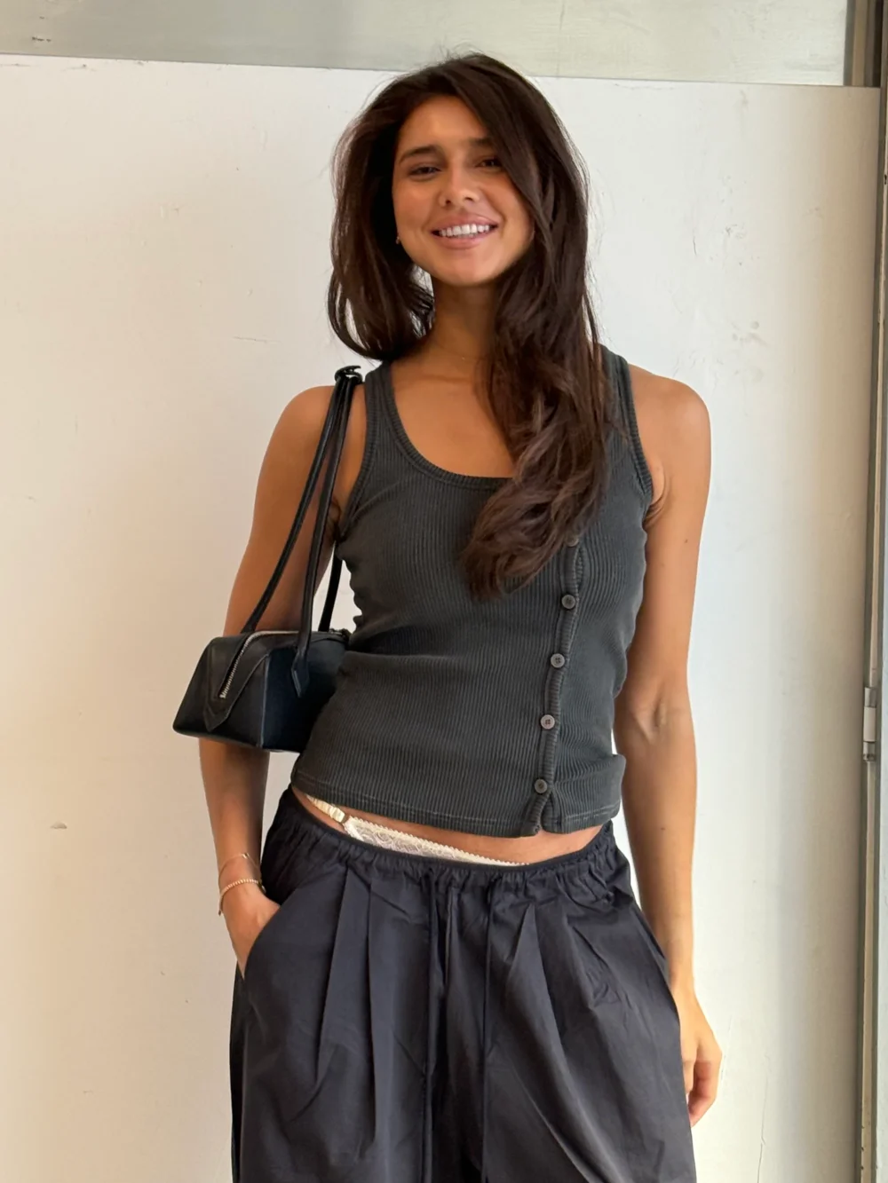 Side Button Ribbed Tank Charcoal - 2