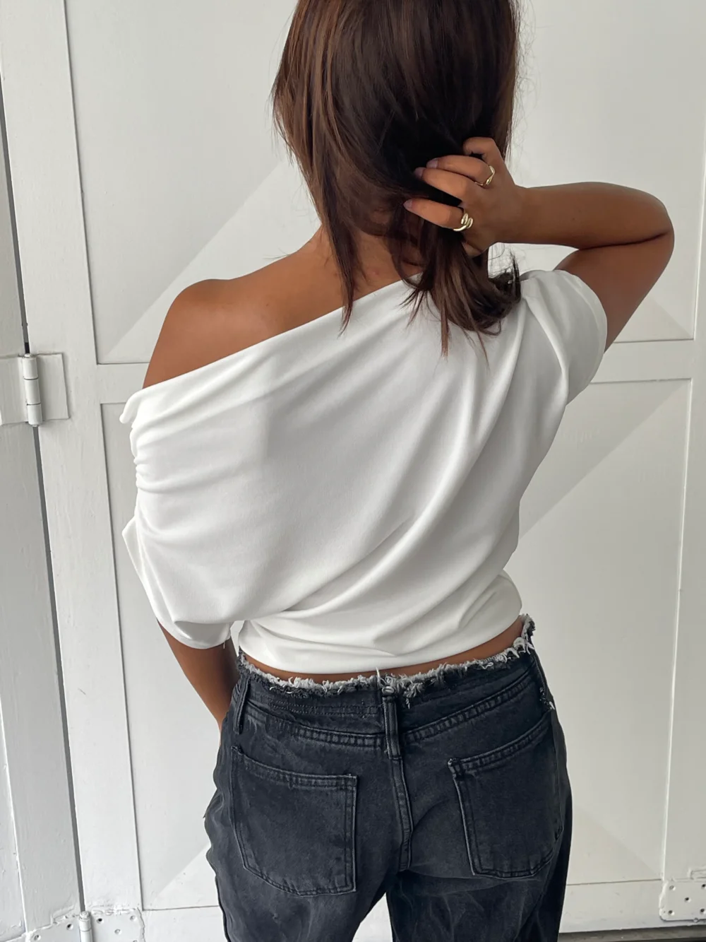 Draped Over Shoulder Top White - 3