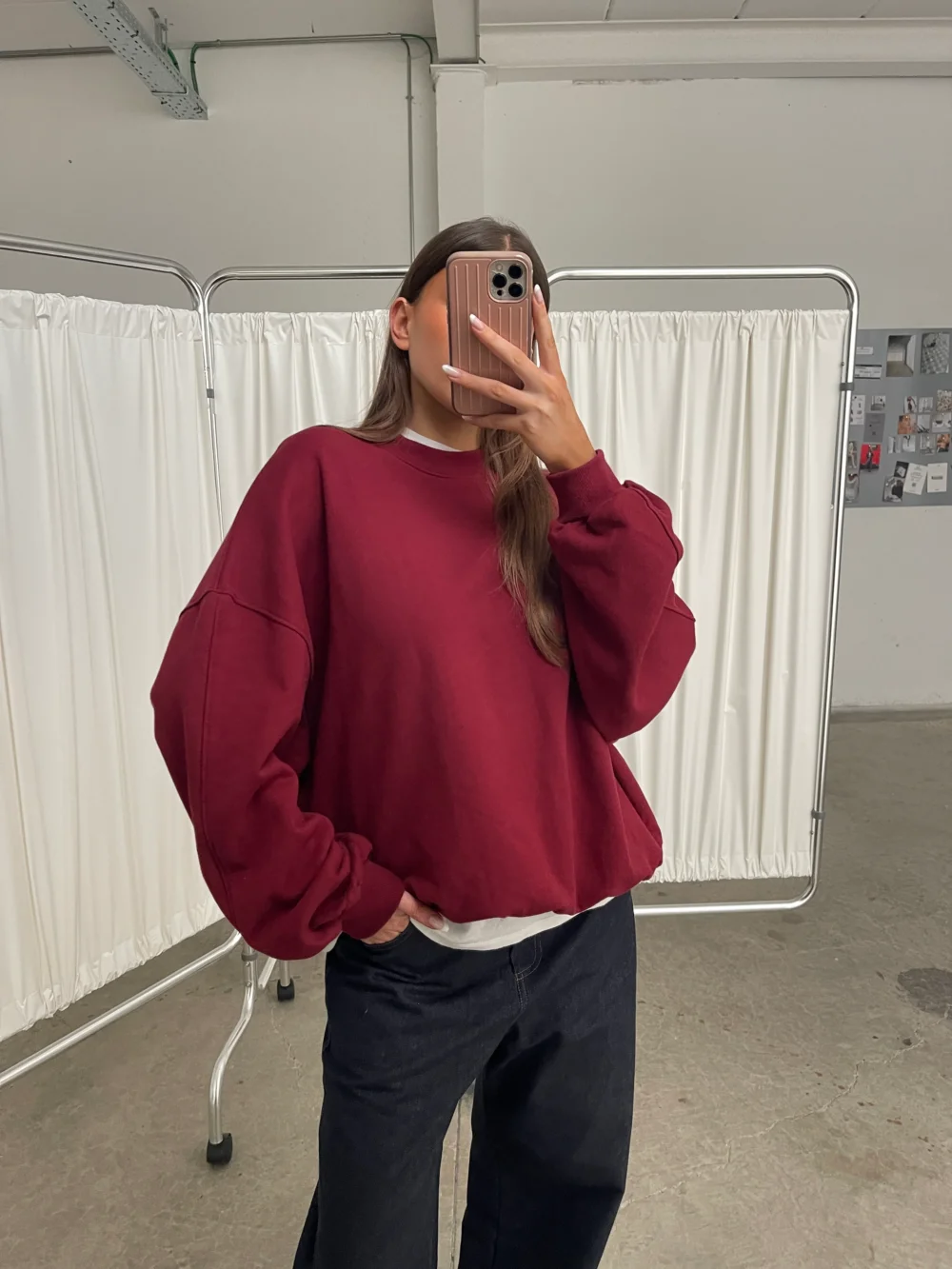 Basic Round Collar Oversized Sweater Burgundy - 2
