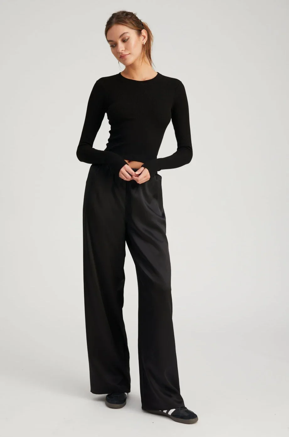 Black Rib Cropped Long Sleeve Tee - 2