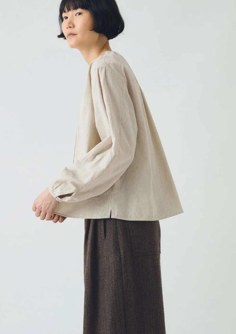 Gathered Neck Mini Stripe Shirt | Sunwashed Blue - 2