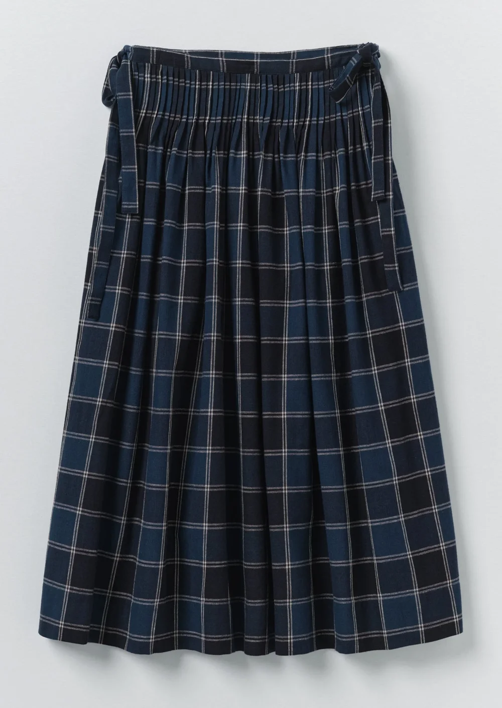 Market Check Pleated Cotton Linen Skirt | Denim Blue