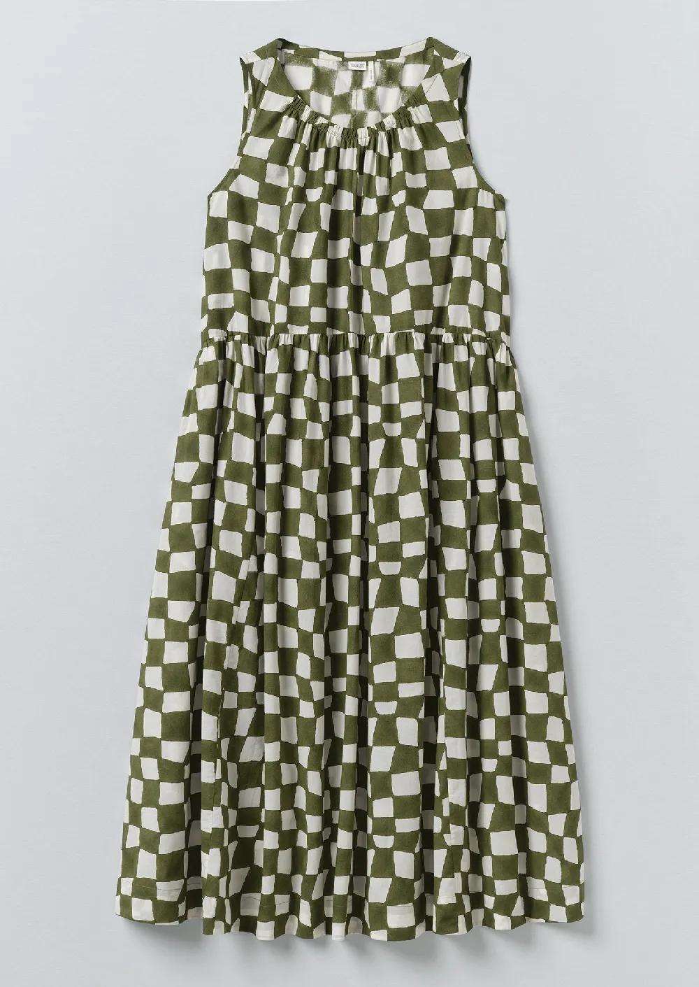 Block Print Warp Check Sleeveless Dress | Olive
