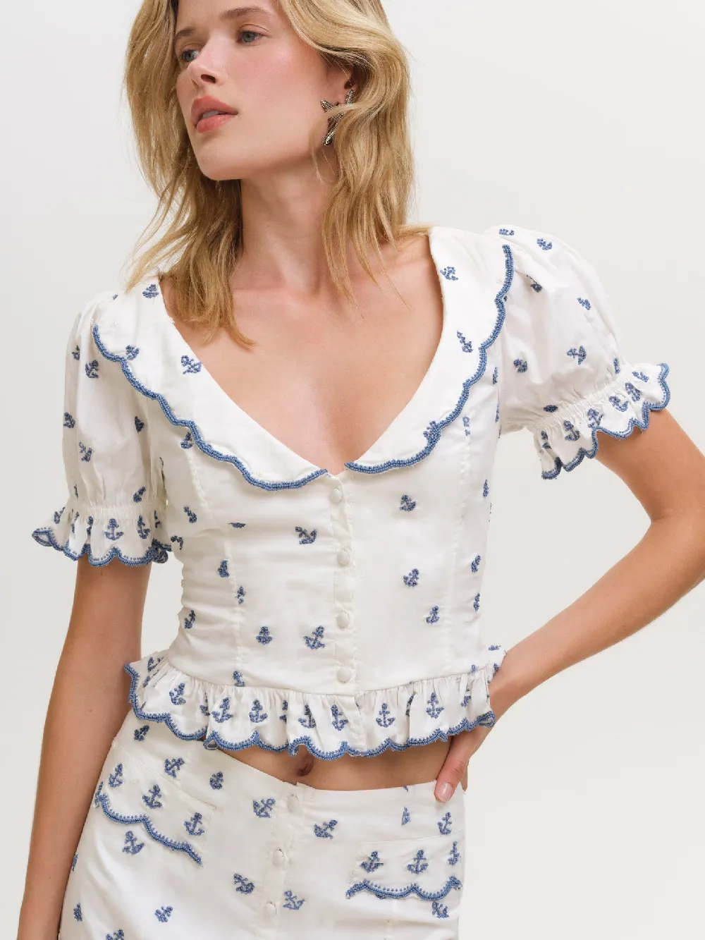 Beaded Anchors Top — White Blue
