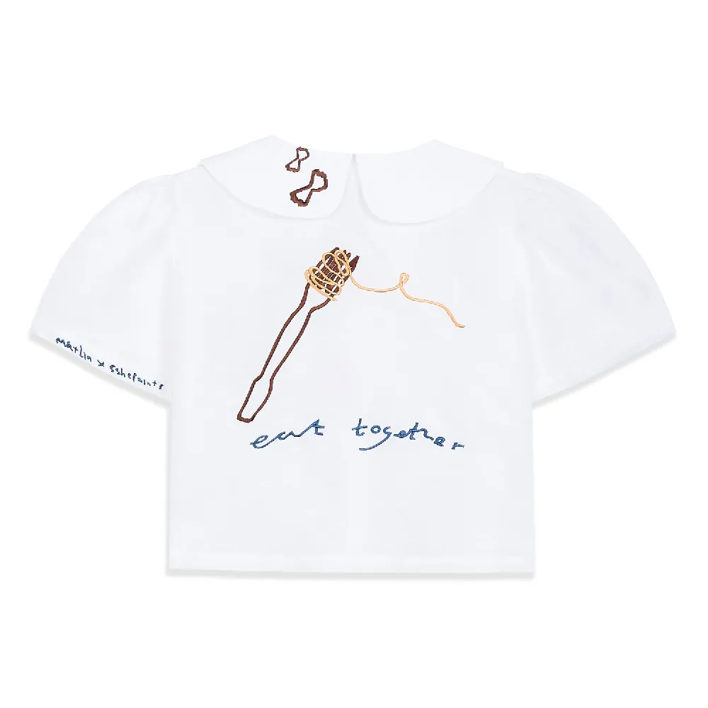 Eat Together Embroidered Frances Linen Blouse - White x Sshepaints - Made to Order - 5